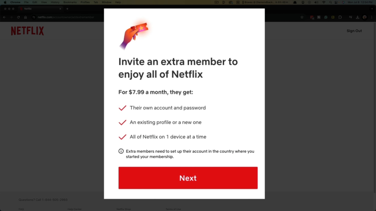 Netflix's Extra Member invitation screen shows a $7.99 monthly fee and access on one device at a time.
