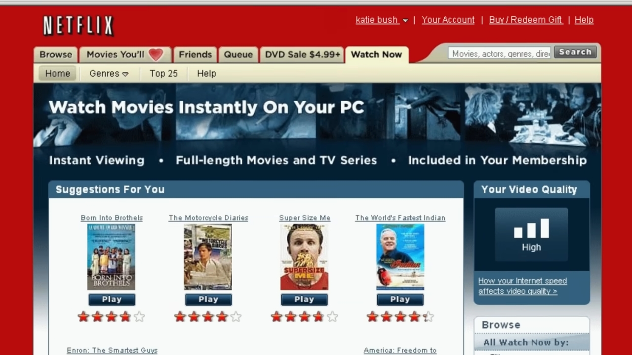 Netflix’s original Watch Now webpage shows movie recommendations and instant playback options in 2007.
