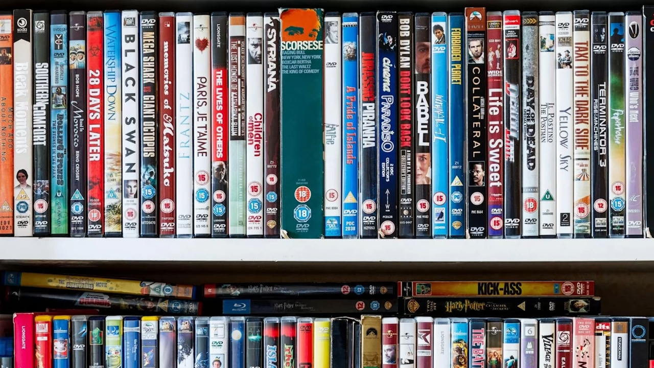 Rows of DVD cases fill shelves with movies from different genres.